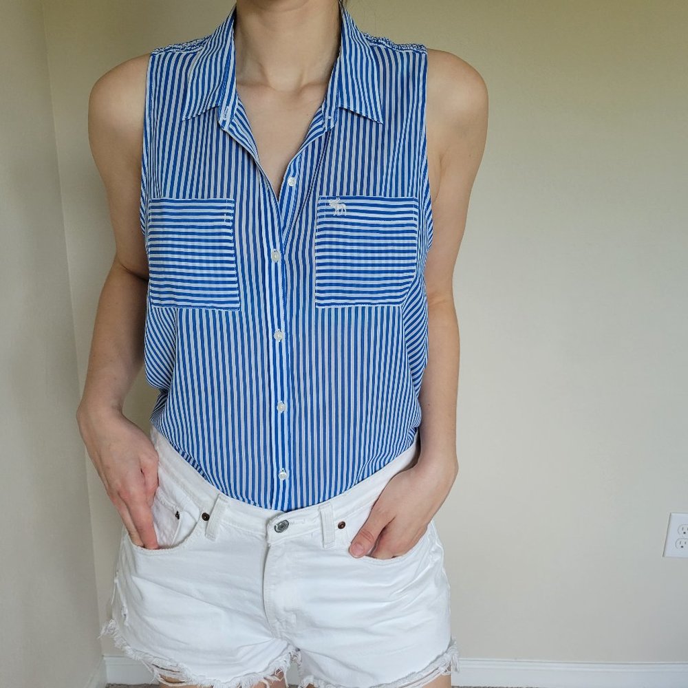Striped Blue & White Sleeveless Button Down